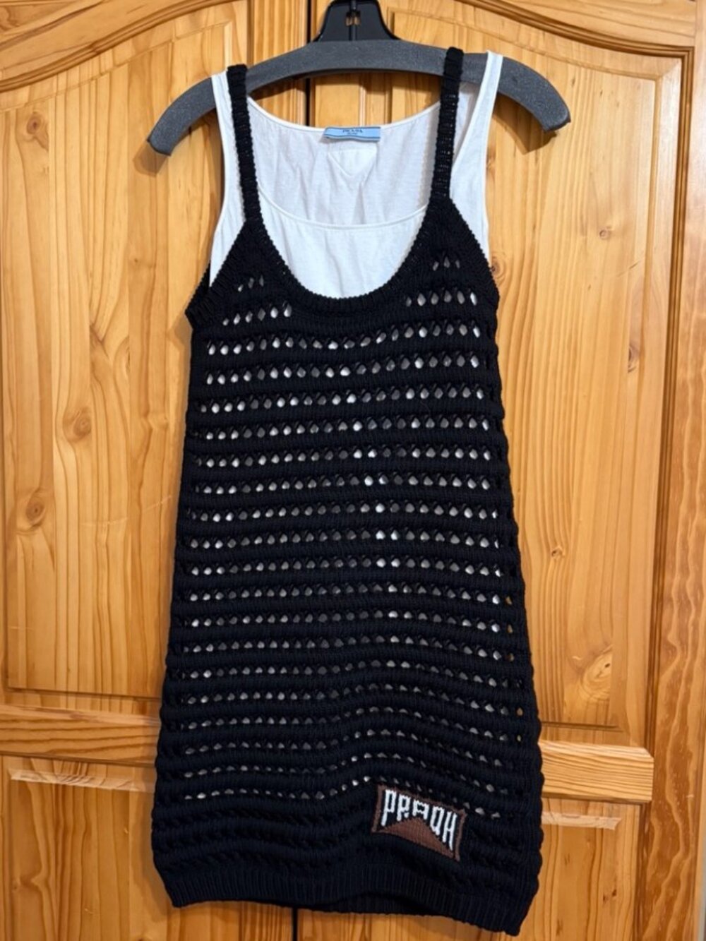Prada Crochet/Knit Black Mini dress /With Prada white Cotton Slip-Size 40